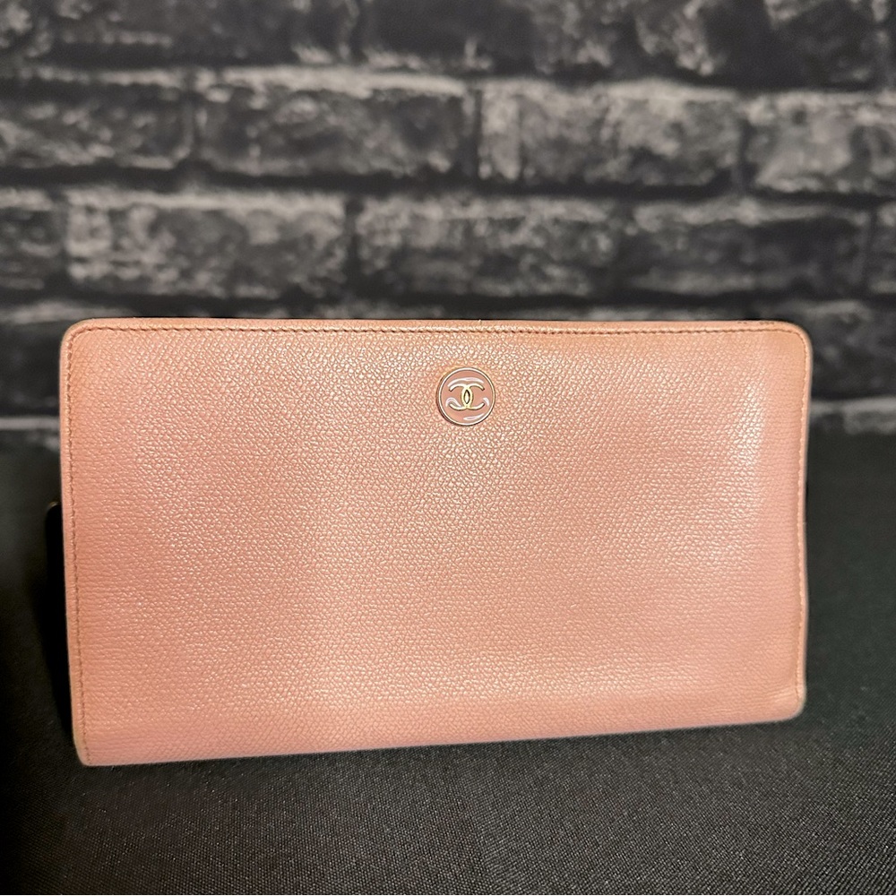 Channel Pink Calfskin leather button light long wallet
